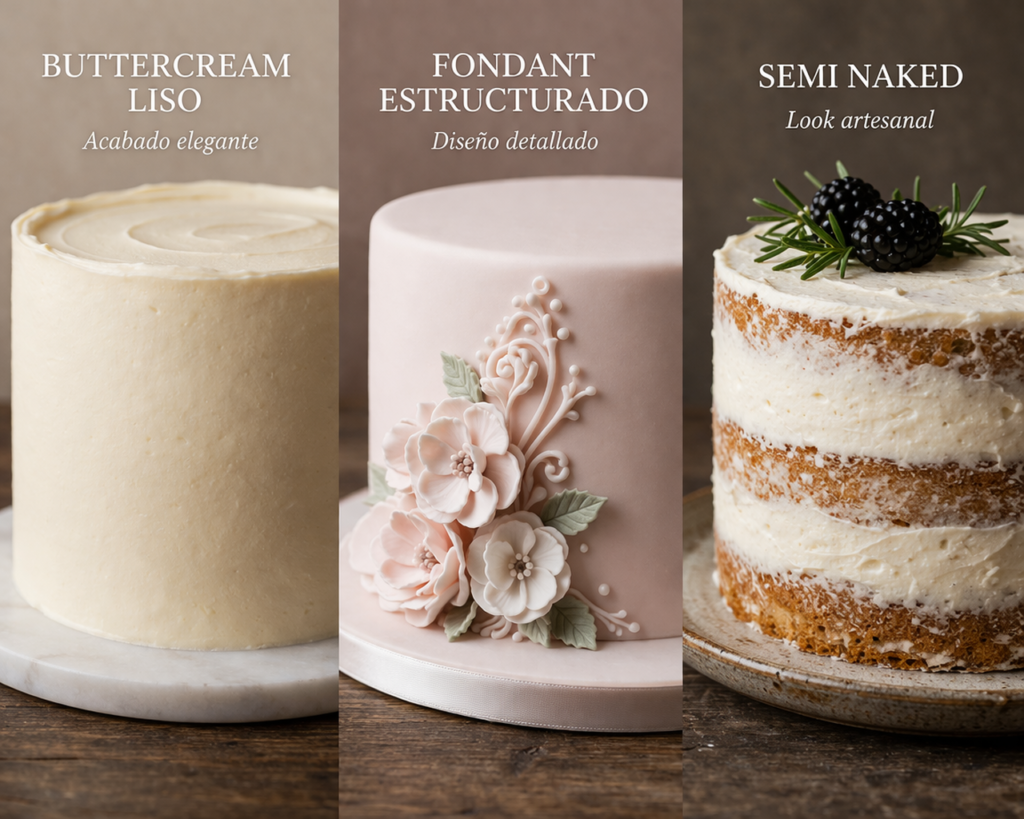 Comparación tipos de cobertura pastel buttercream fondant semi naked