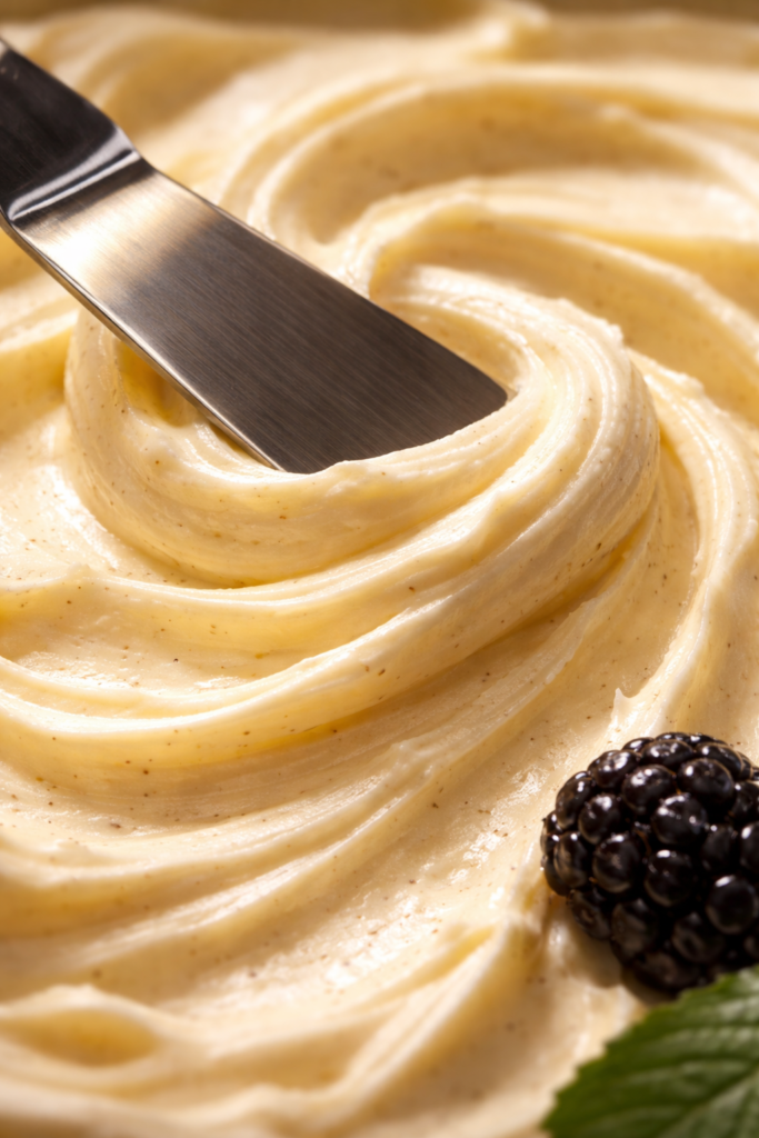 Detalle de crema de mantequilla suave en taller de repostería.